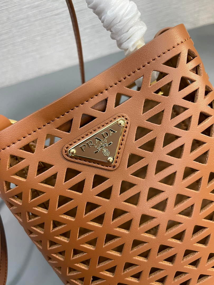 Prada 1BA217 Panier small Saffiano leather bag tan Hollow out