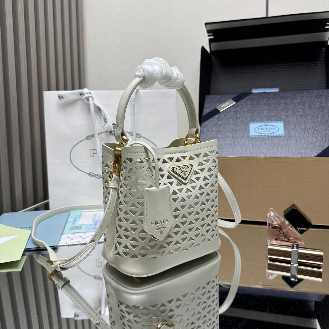 Prada 1BA217 Panier small Saffiano leather bag Hollow out white