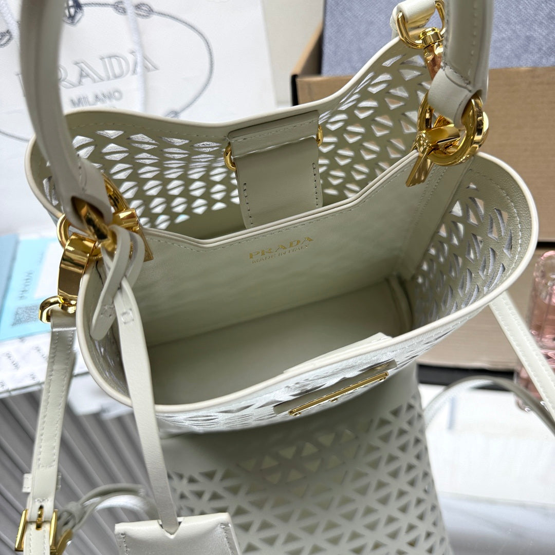 Prada 1BA217 Panier small Saffiano leather bag Hollow out white