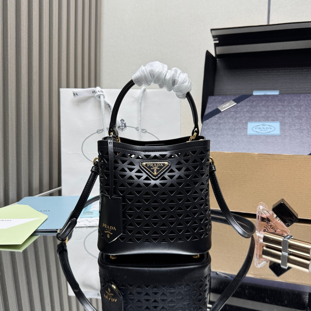 Prada 1BA217 Panier small Saffiano leather bag Black Hollow out
