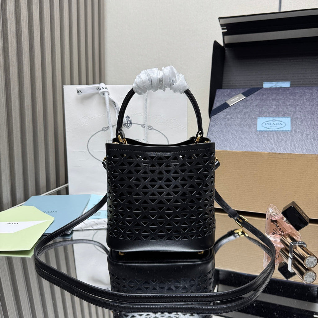 Prada 1BA217 Panier small Saffiano leather bag Black Hollow out