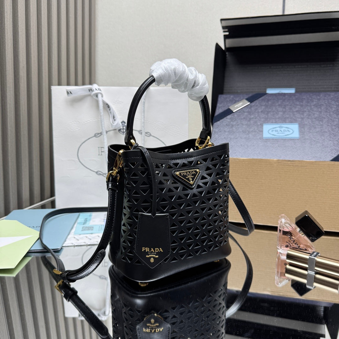 Prada 1BA217 Panier small Saffiano leather bag Black Hollow out