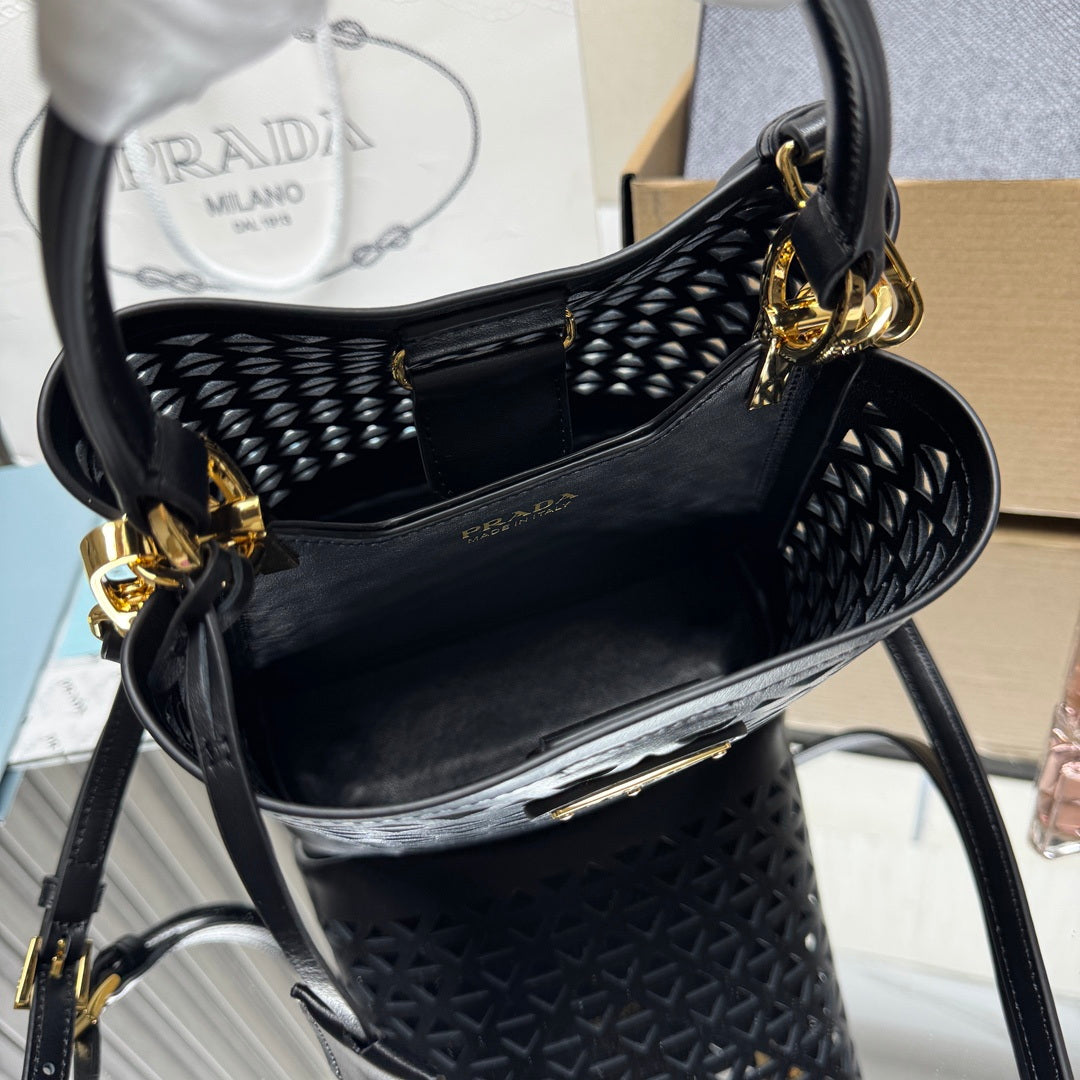 Prada 1BA217 Panier small Saffiano leather bag Black Hollow out