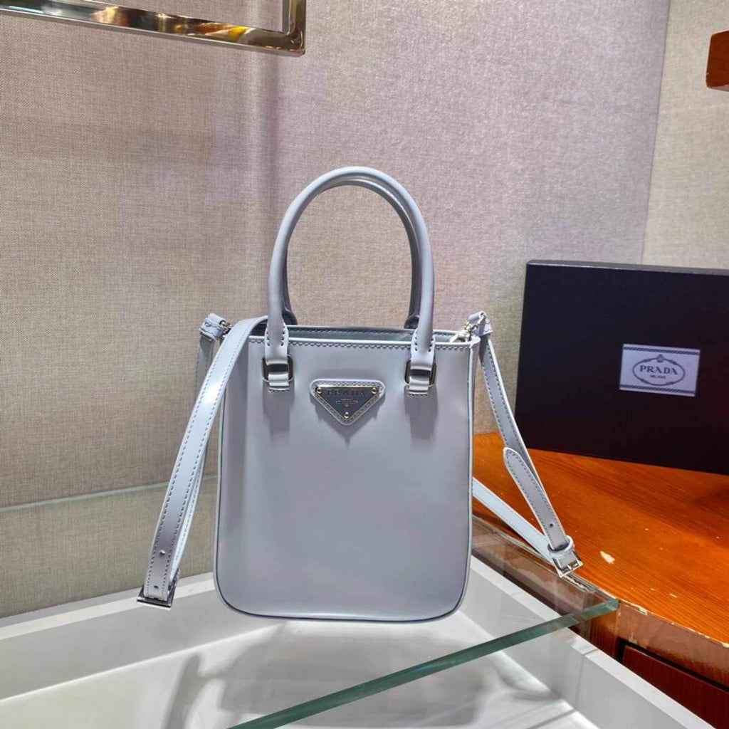 Prada 1BA331 Small Brushed Leather Tote Light Blue