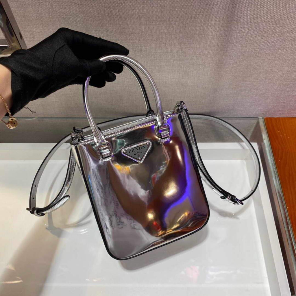 Prada 1BA331 Small Brushed Leather Tote Silver