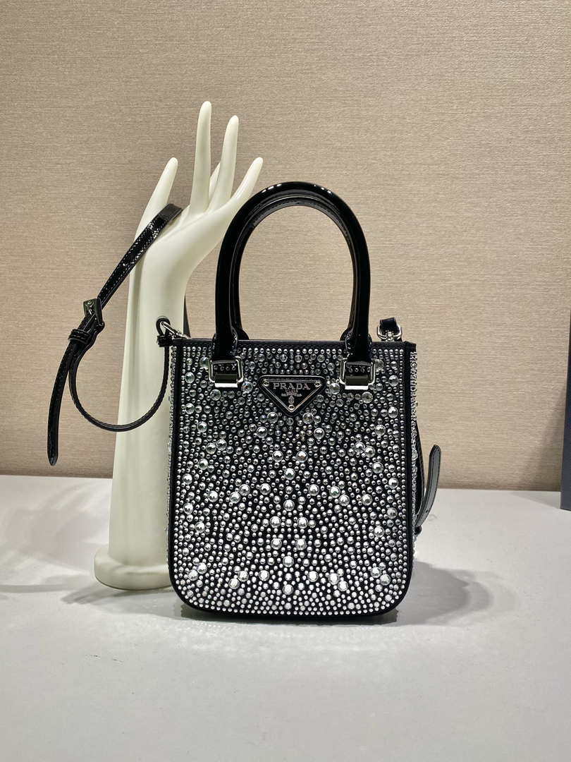 Prada 1BA331 Small satin tote bag with crystals Black - Default Title - View 1