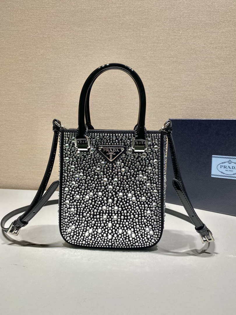Prada 1BA331 Small satin tote bag with crystals Black