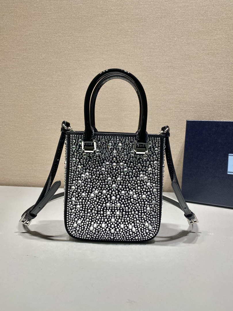 Prada 1BA331 Small satin tote bag with crystals Black