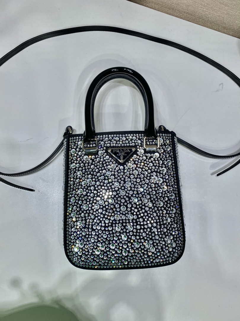 Prada 1BA331 Small satin tote bag with crystals Black