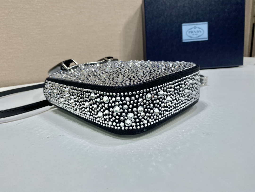 Prada 1BA331 Small satin tote bag with crystals Black