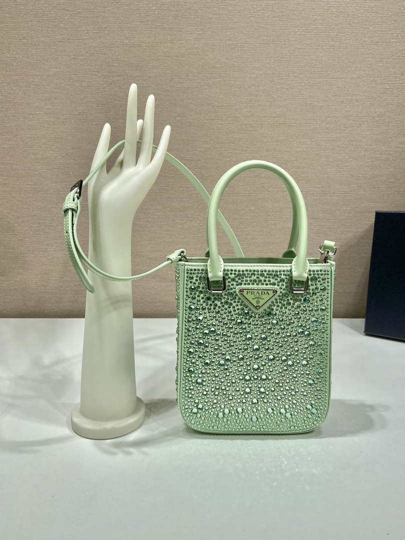 Prada 1BA331 Small satin tote bag with crystals Green - Default Title - View 1