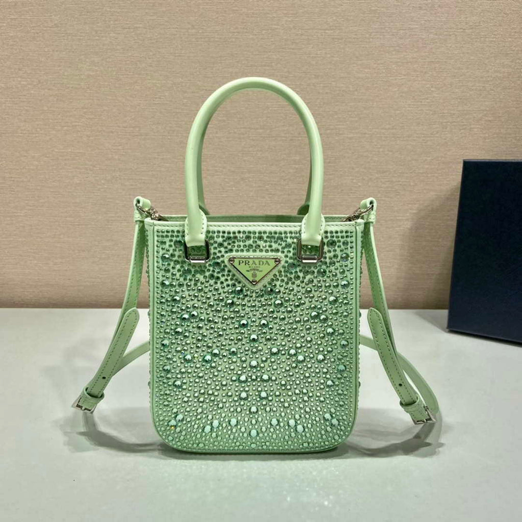 Prada 1BA331 Small satin tote bag with crystals Green