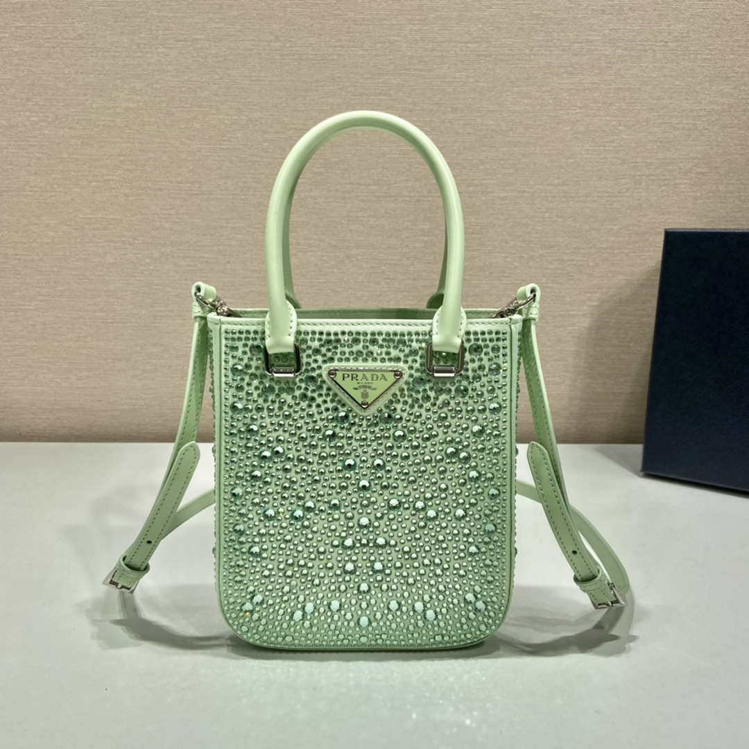 Prada 1BA331 Small satin tote bag with crystals Green
