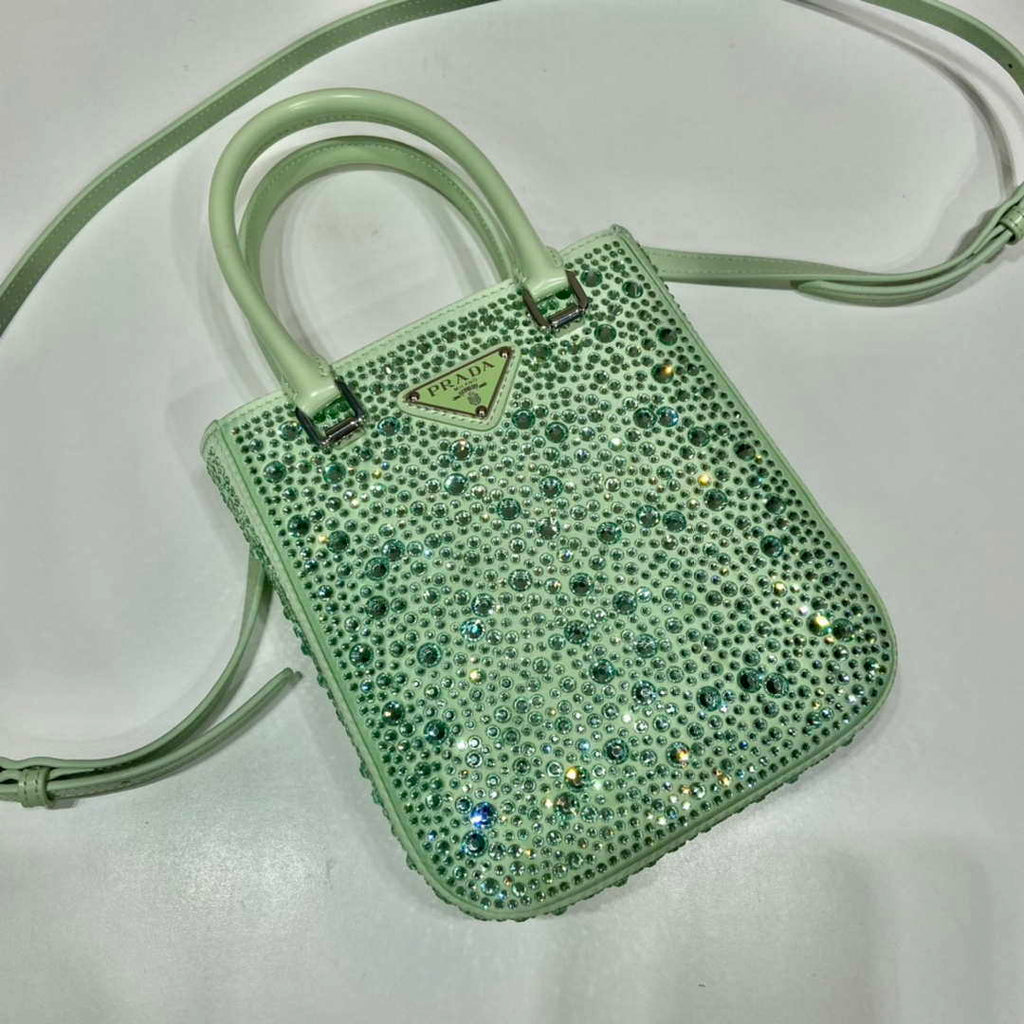 Prada 1BA331 Small satin tote bag with crystals Green