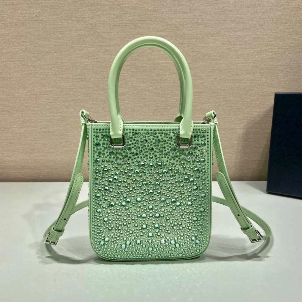Prada 1BA331 Small satin tote bag with crystals Green