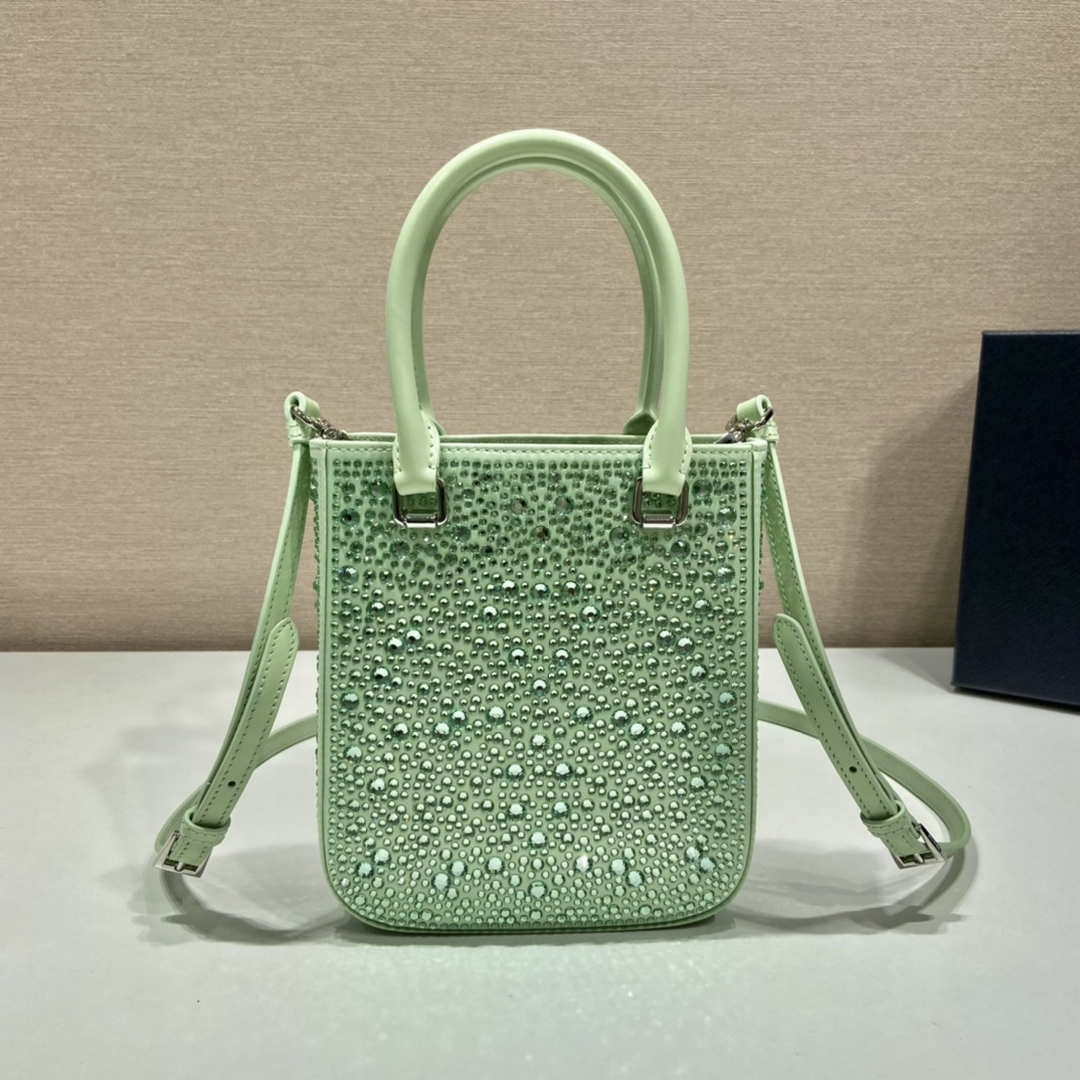 Prada 1BA331 Small satin tote bag with crystals Green