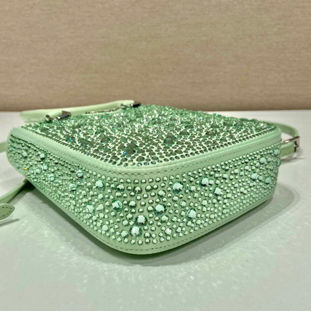 Prada 1BA331 Small satin tote bag with crystals Green