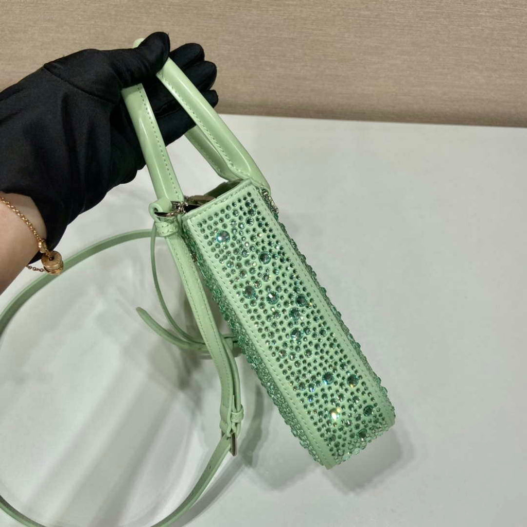 Prada 1BA331 Small satin tote bag with crystals Green