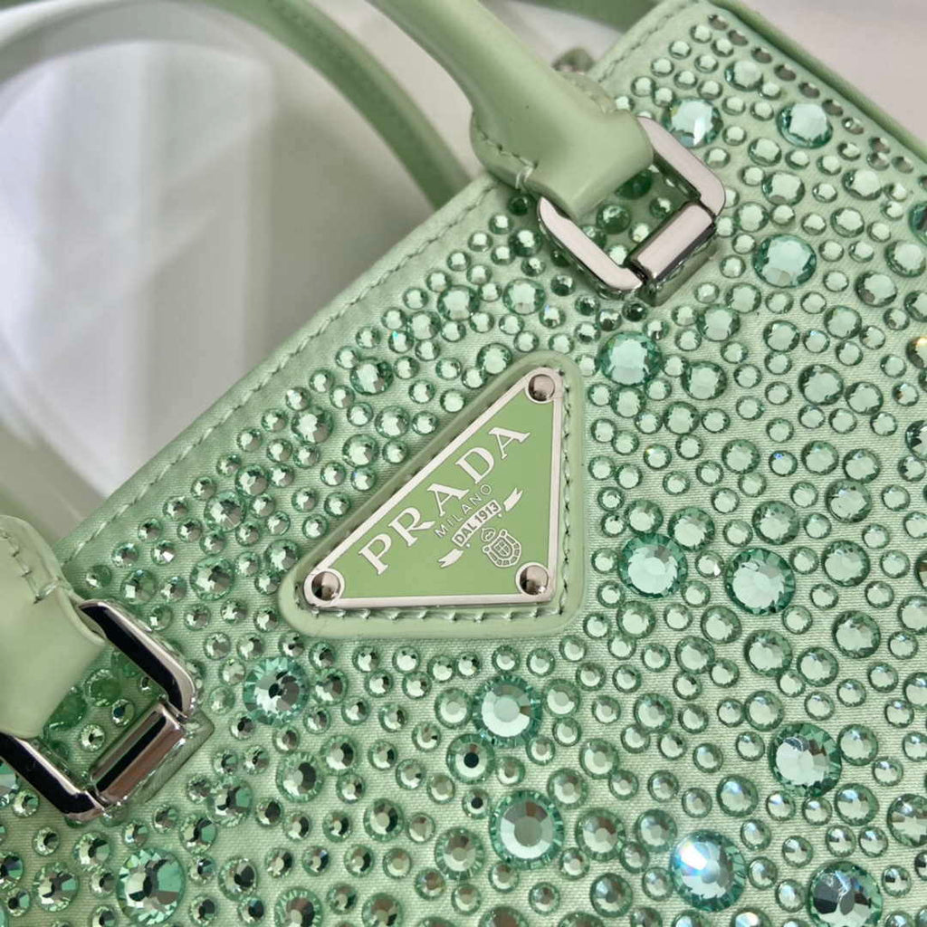 Prada 1BA331 Small satin tote bag with crystals Green