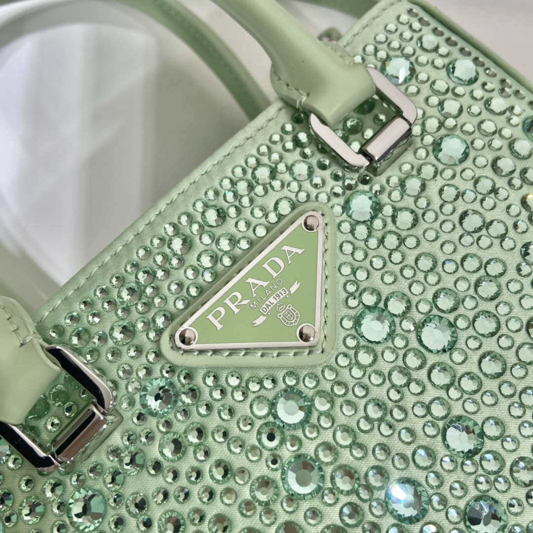 Prada 1BA331 Small satin tote bag with crystals Green