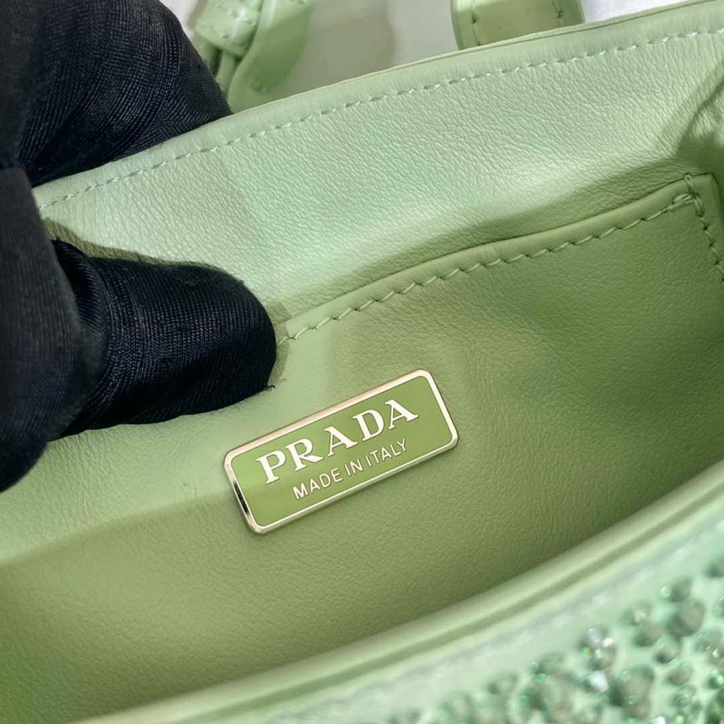 Prada 1BA331 Small satin tote bag with crystals Green