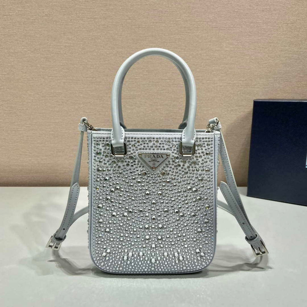 Prada 1BA331 Small satin tote bag with crystals White