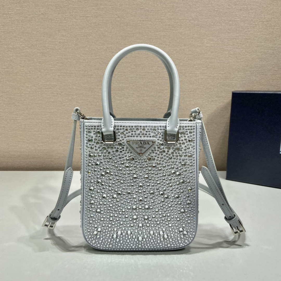 Prada 1BA331 Small satin tote bag with crystals White