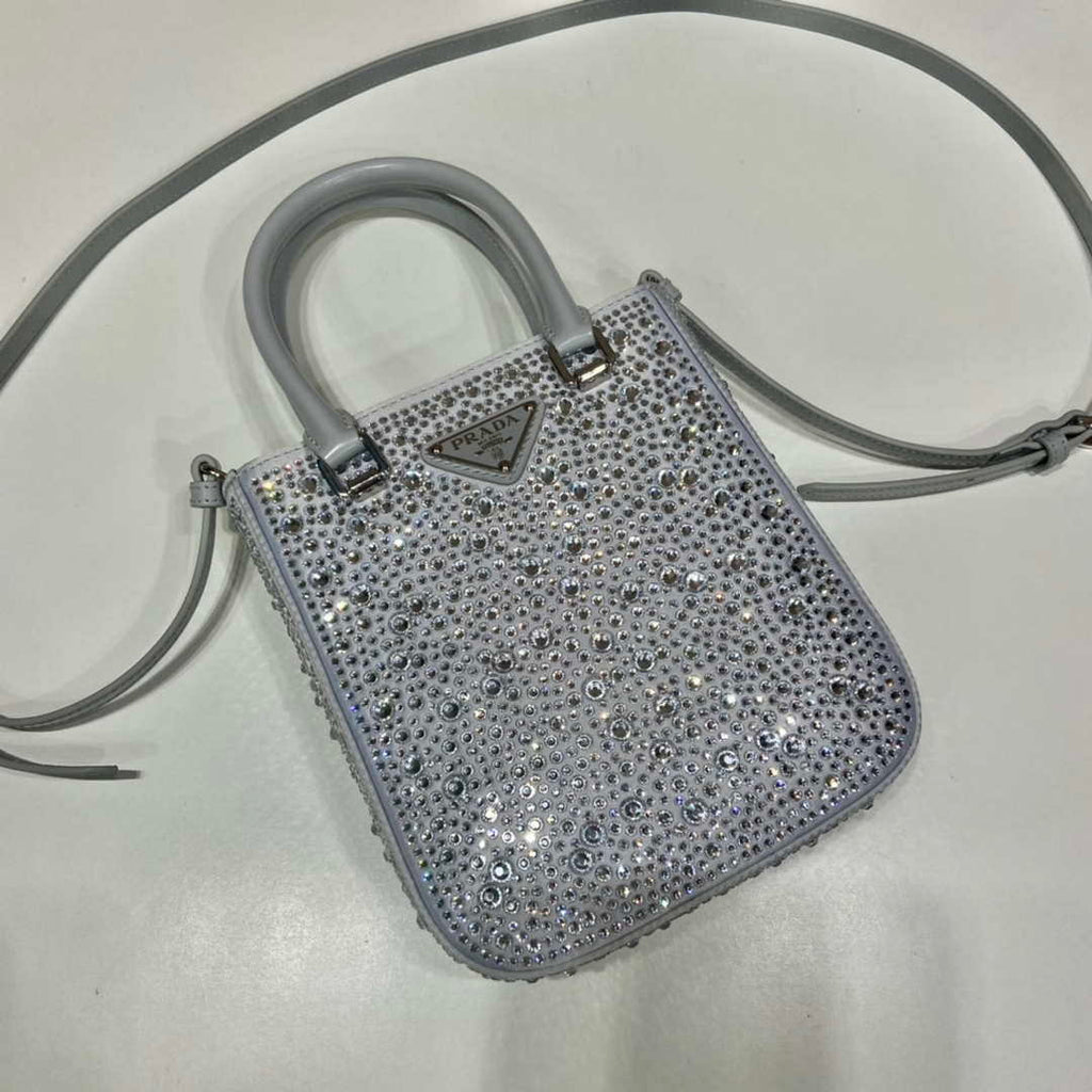 Prada 1BA331 Small satin tote bag with crystals White