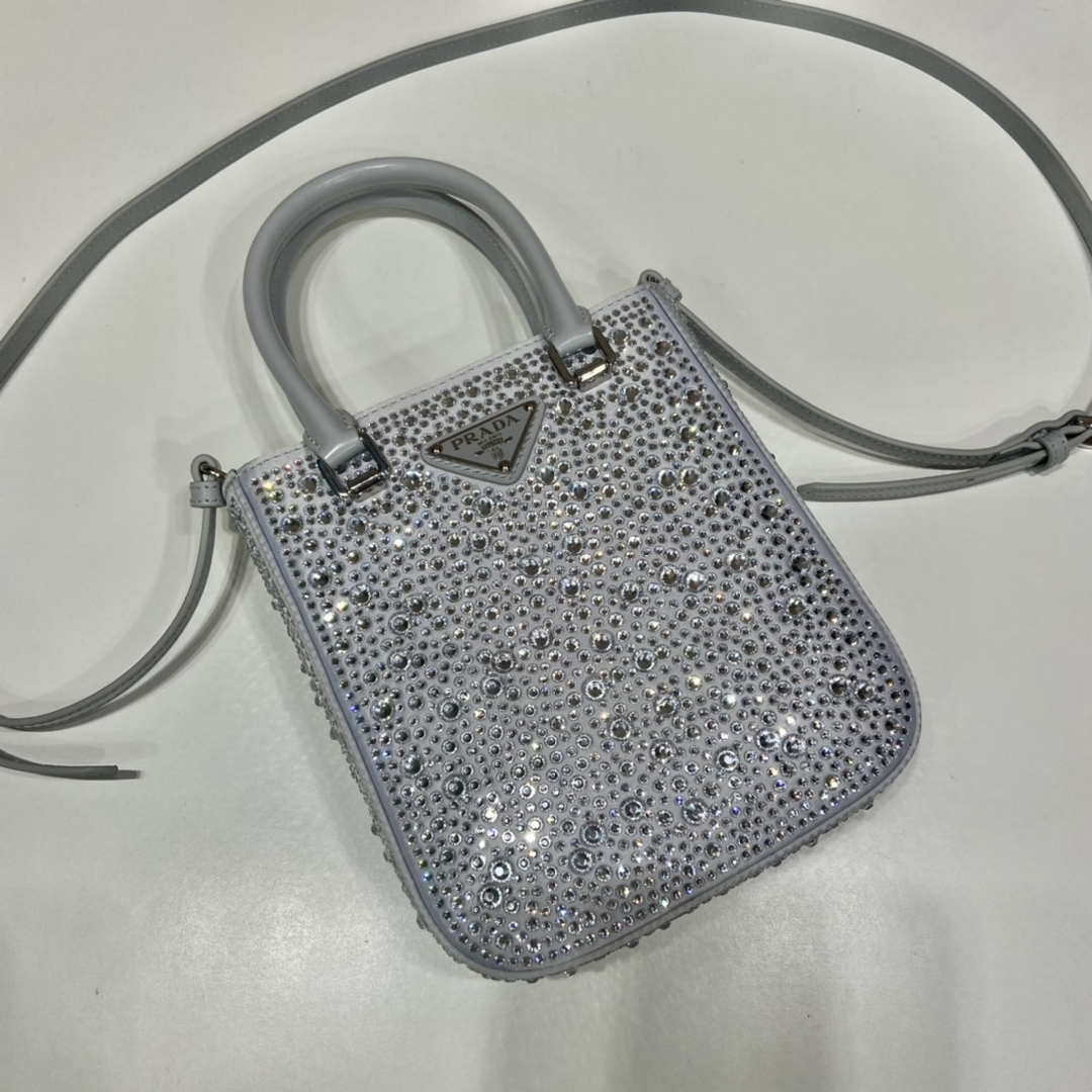 Prada 1BA331 Small satin tote bag with crystals White
