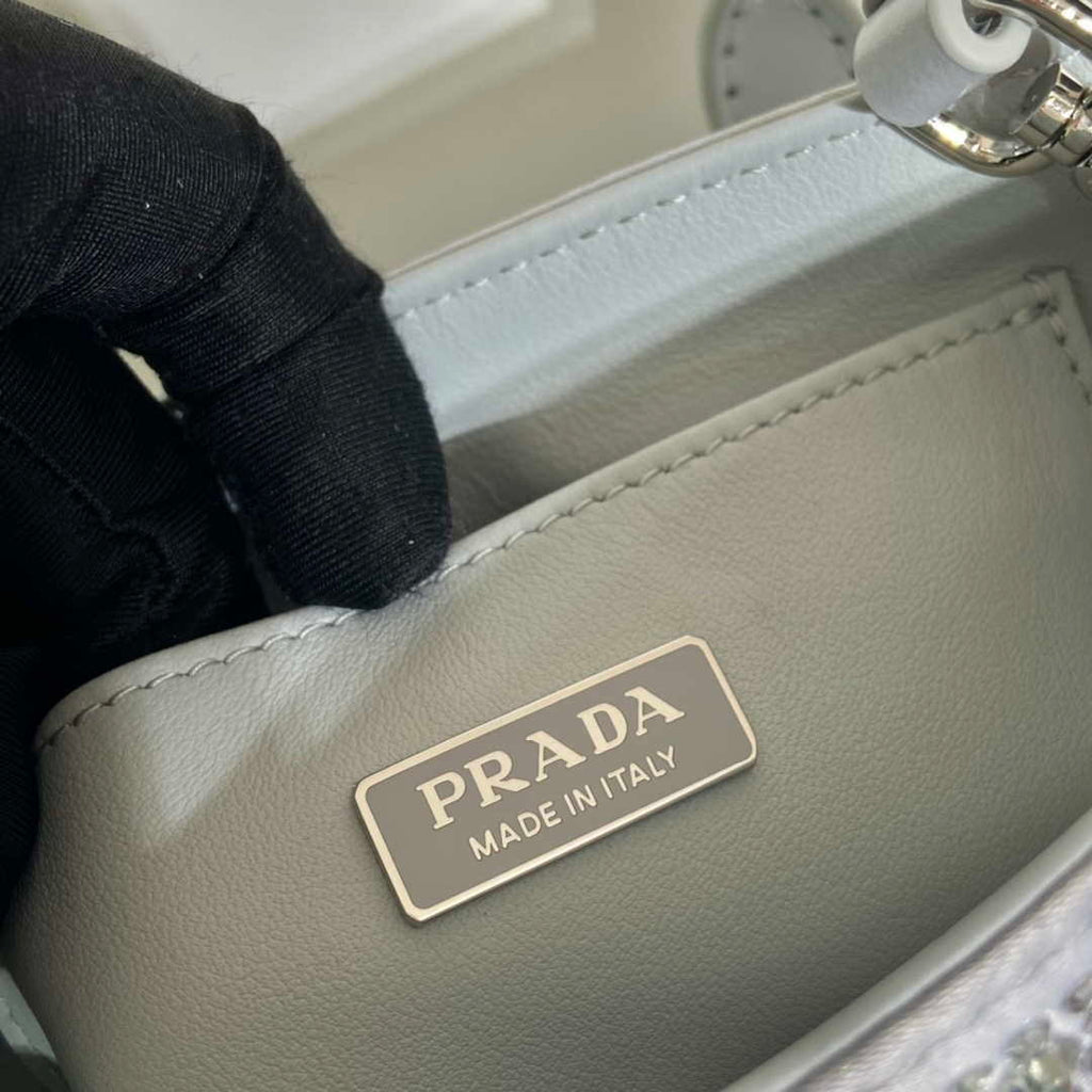 Prada 1BA331 Small satin tote bag with crystals White