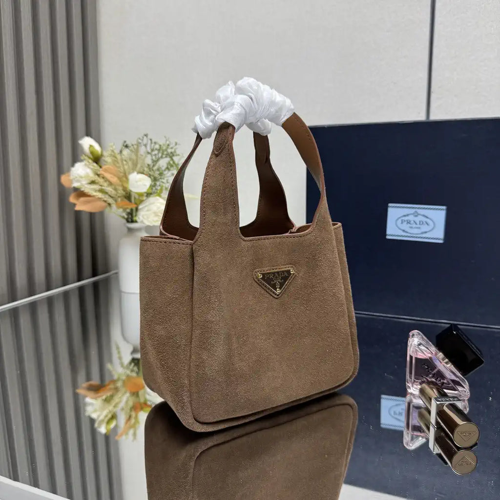 Prada 1BA349 Mini Suede leather handbag Dark Brown Gold