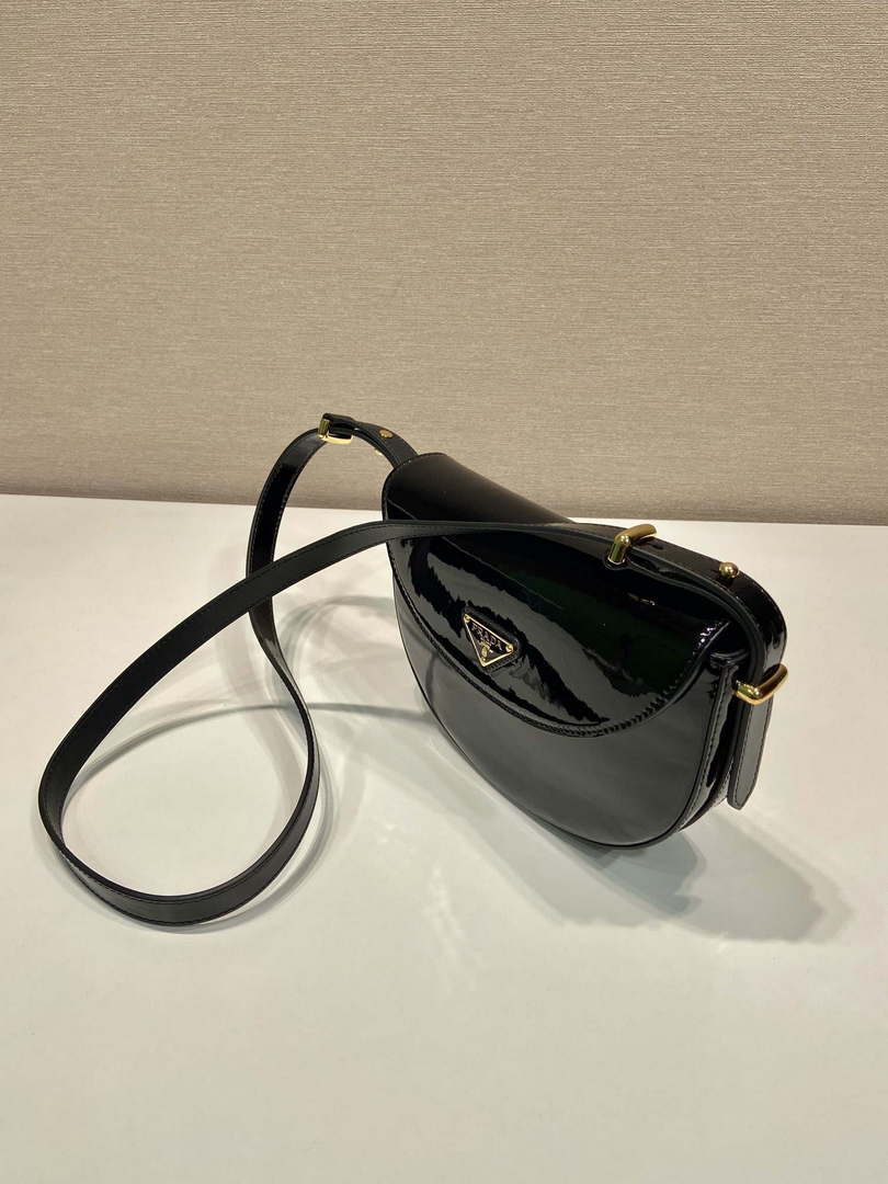 Prada 1BA349 Triangle-logo shoulder patent leather bag Black