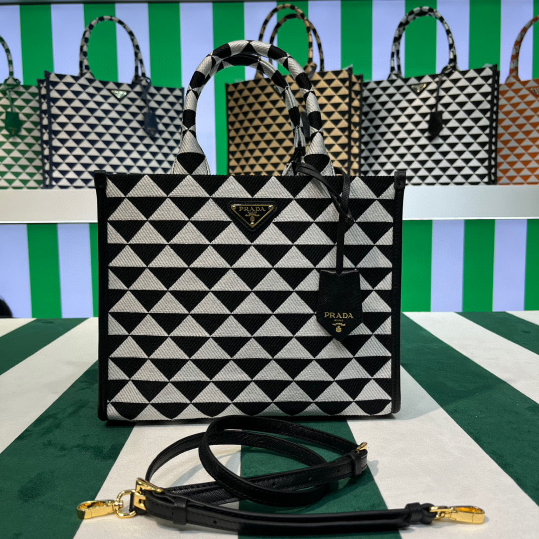Prada 1BA354 Small Prada Symbole jacquard fabric handbag Black White - Default Title - View 1