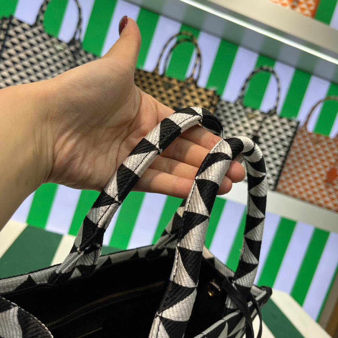Prada 1BA354 Small Prada Symbole jacquard fabric handbag Black White - Default Title - View 3