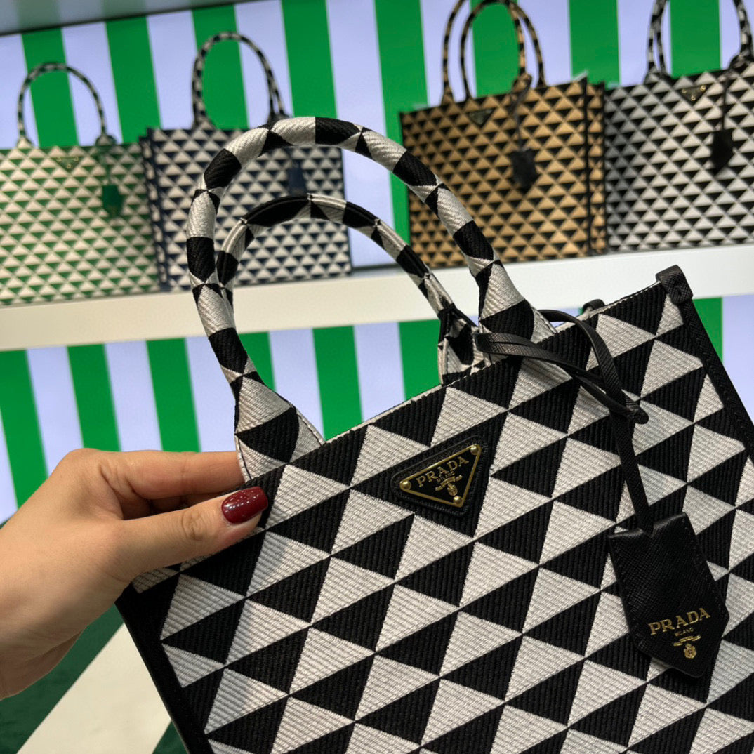 Prada 1BA354 Small Prada Symbole jacquard fabric handbag Black White