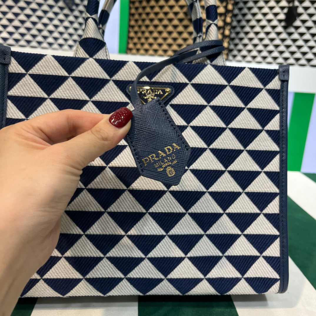 Prada 1BA354 Small Prada Symbole jacquard fabric handbag Blue White
