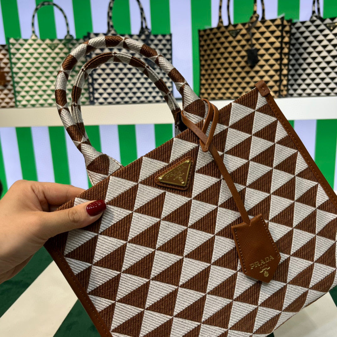 Prada 1BA354 Small Prada Symbole jacquard fabric handbag Tan White