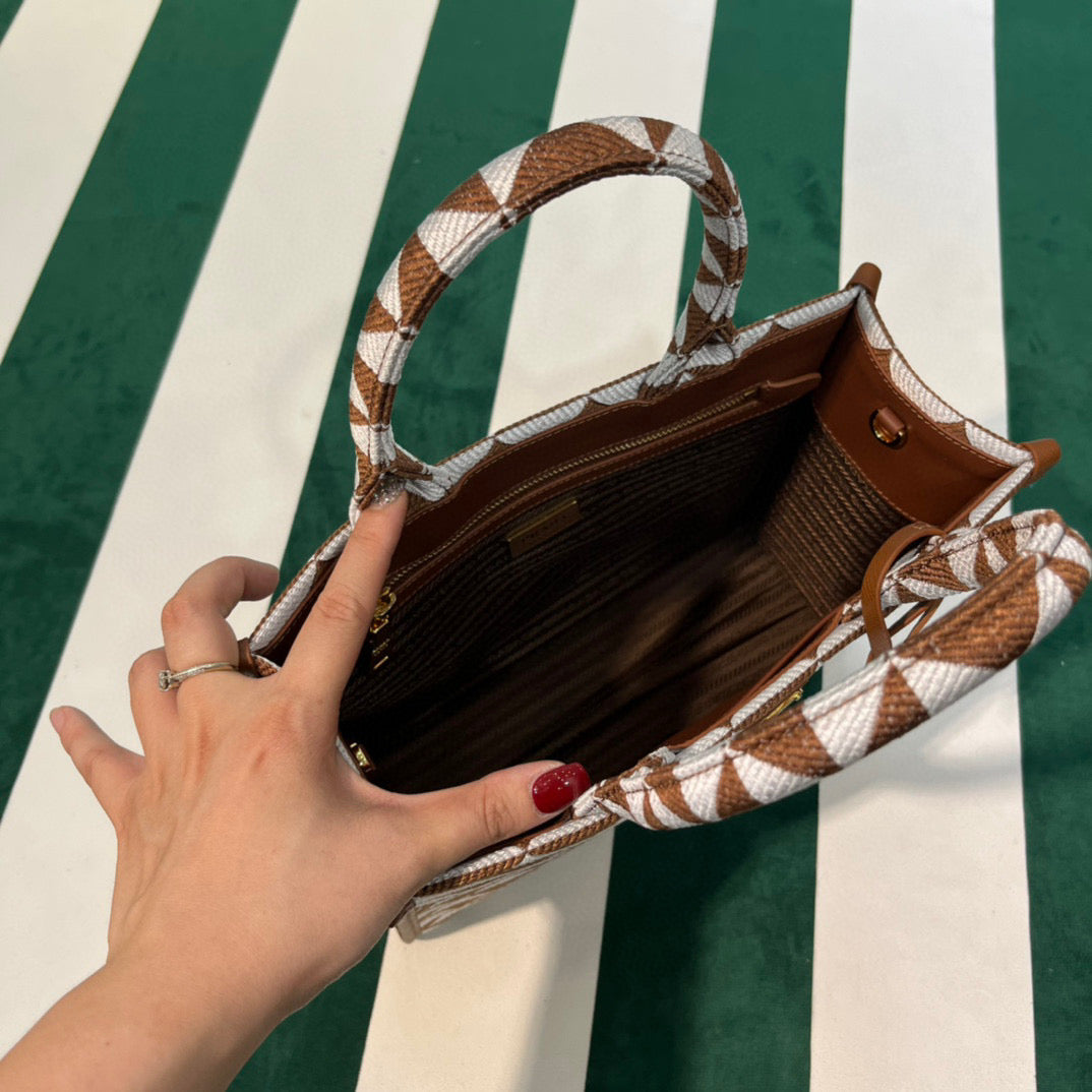 Prada 1BA354 Small Prada Symbole jacquard fabric handbag Tan White - Default Title - View 7