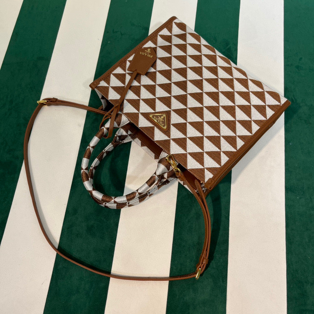 Prada 1BA354 Small Prada Symbole jacquard fabric handbag Tan White - Default Title - View 9