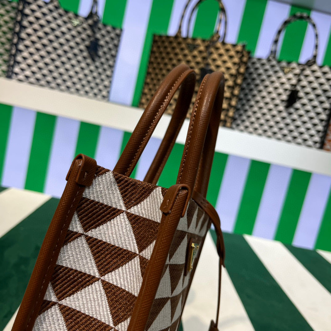 Prada 1BA355 Symbole Jacquard Fabric Micro Bag Tan White