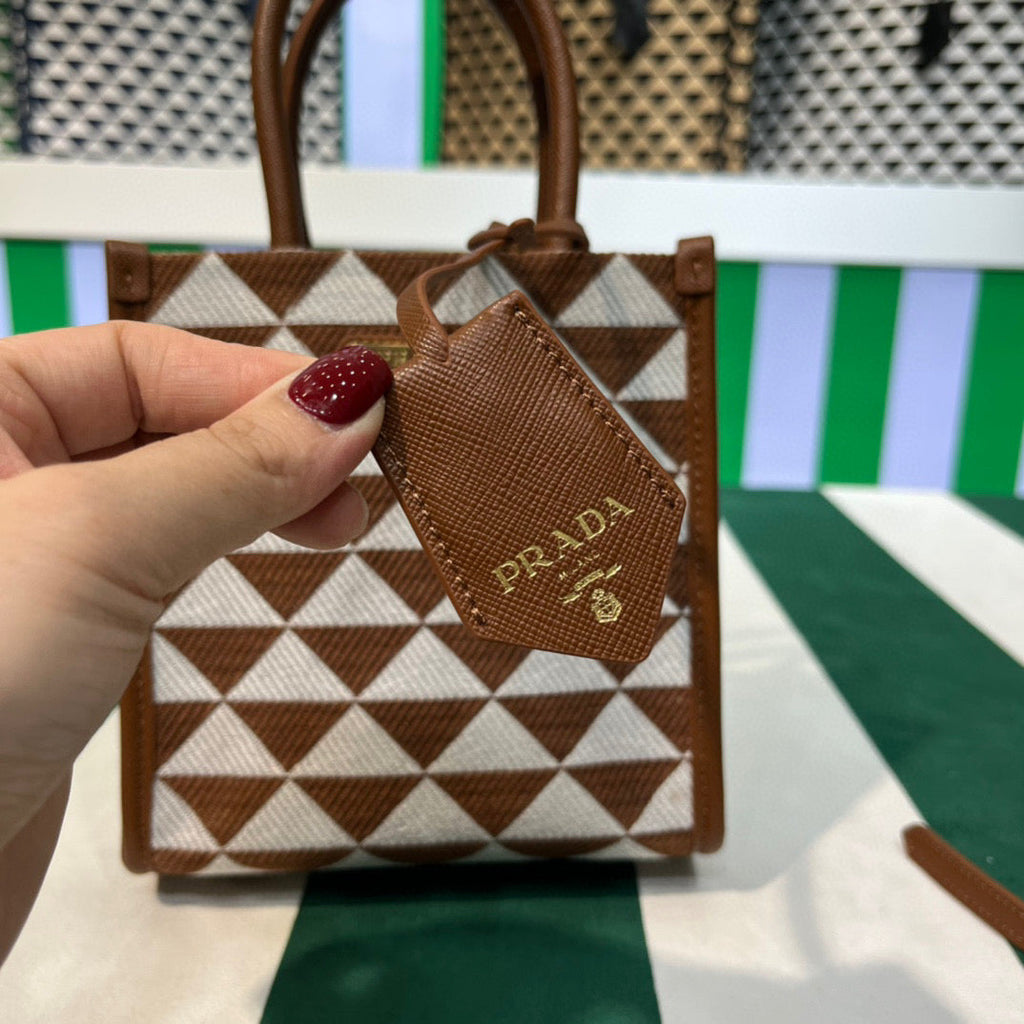 Prada 1BA355 Symbole Jacquard Fabric Micro Bag Tan White