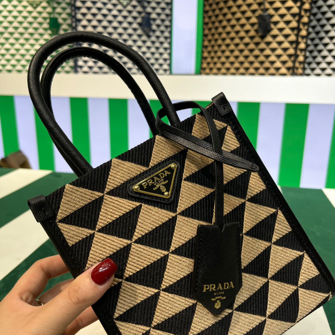 Prada 1BA355 Symbole Jacquard Fabric Micro Bag Black Apricot