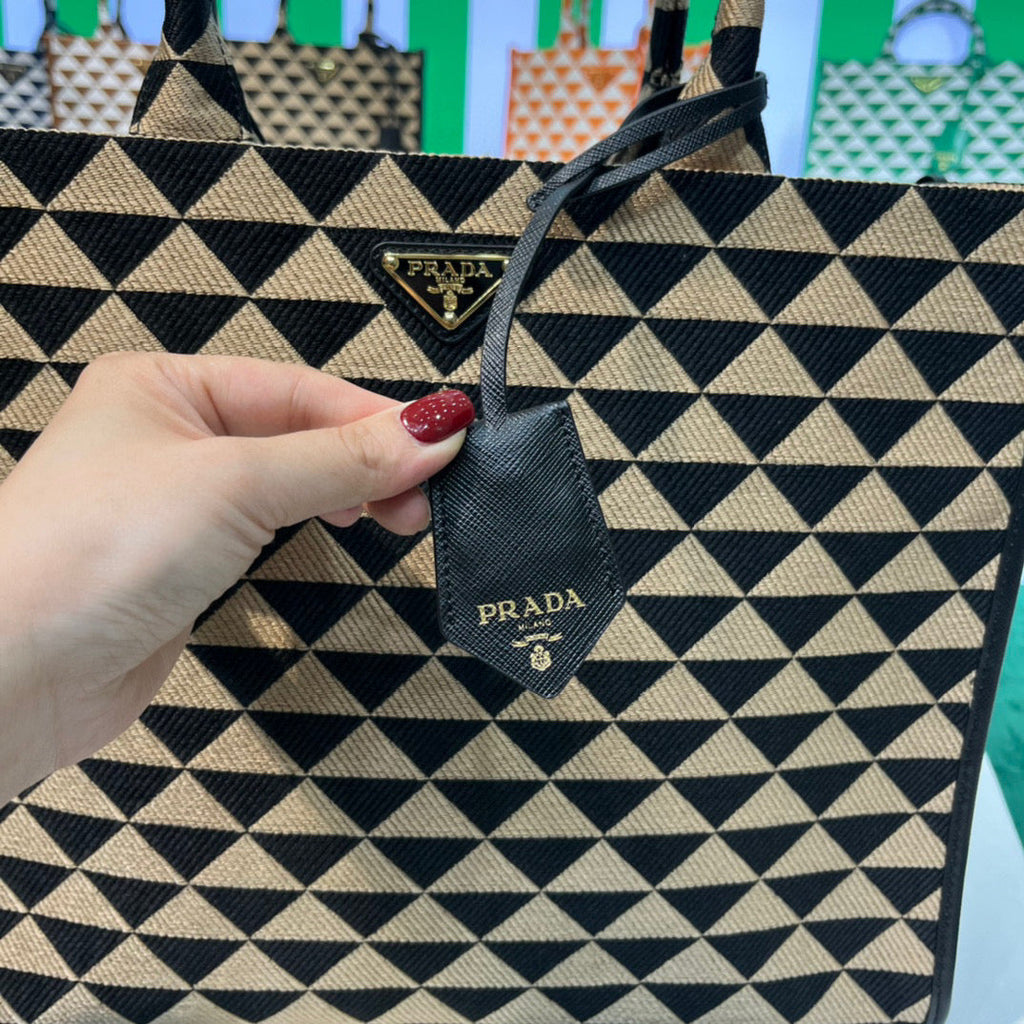 Prada 1BA356 Large Prada Symbole Jacquard Fabric Handbag Apricot Black