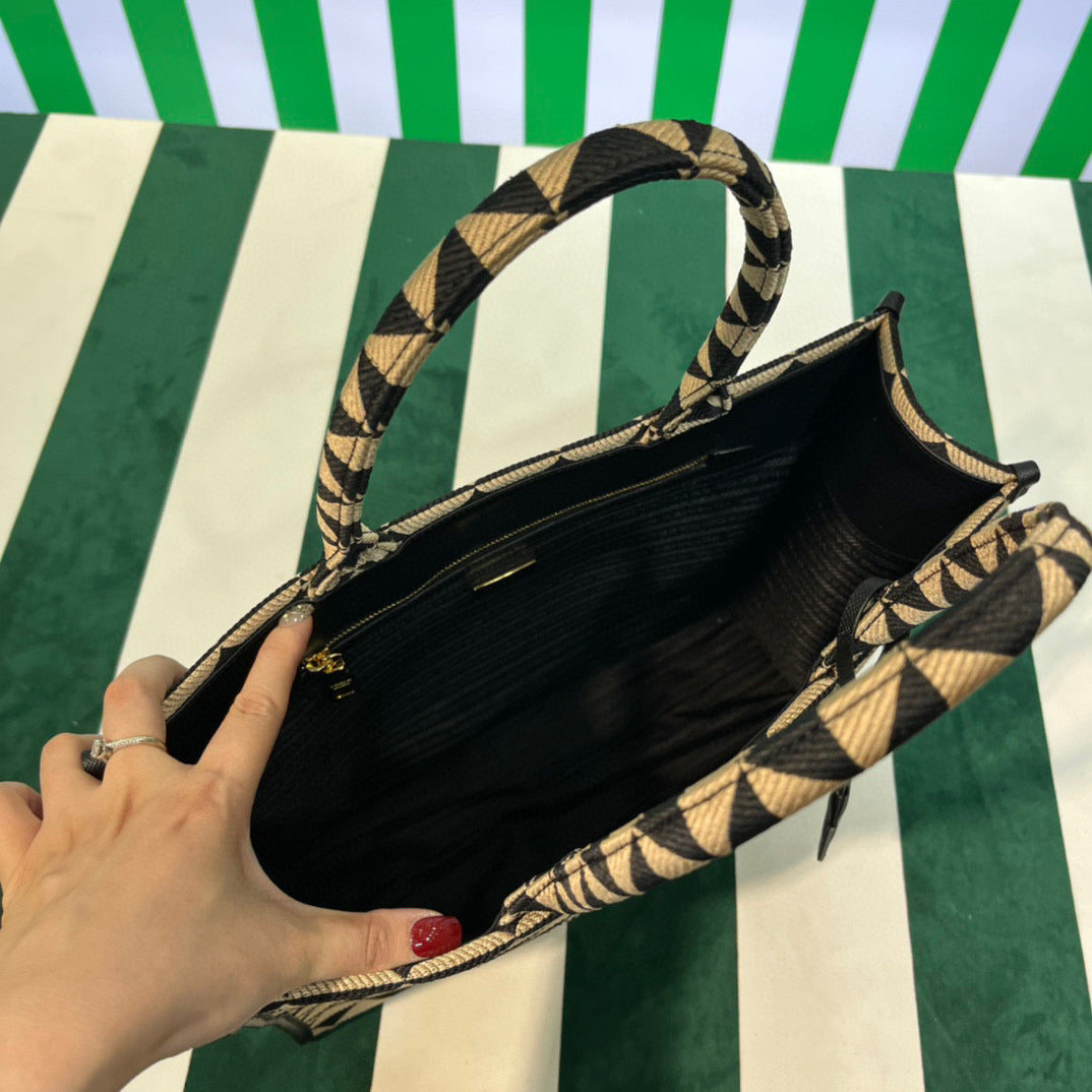 Prada 1BA356 Large Prada Symbole Jacquard Fabric Handbag Apricot Black - Default Title - View 5