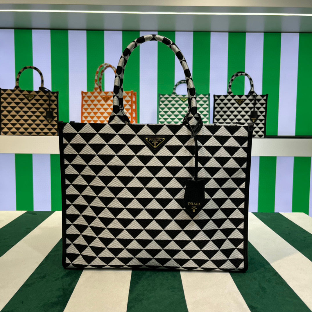 Prada 1BA356 Large Prada Symbole Jacquard Fabric Handbag Black White - Default Title - View 1