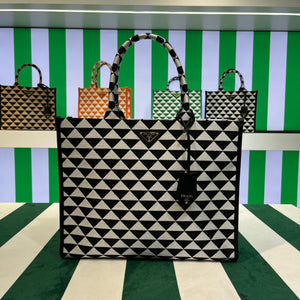 Prada 1BA356 Large Prada Symbole Jacquard Fabric Handbag Black White - Default Title - View 1