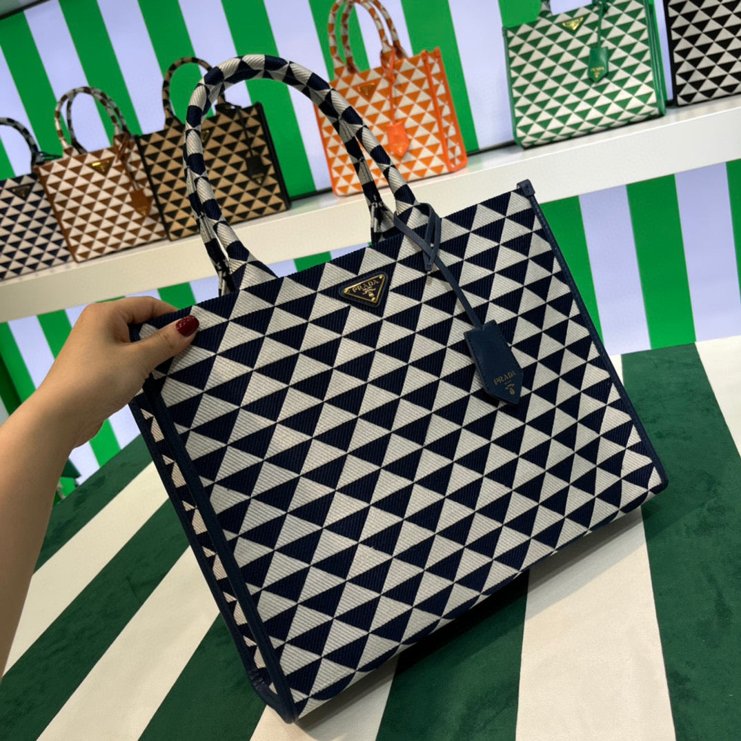 Prada 1BA356 Large Prada Symbole Jacquard Fabric Handbag Blue White - Default Title - View 3