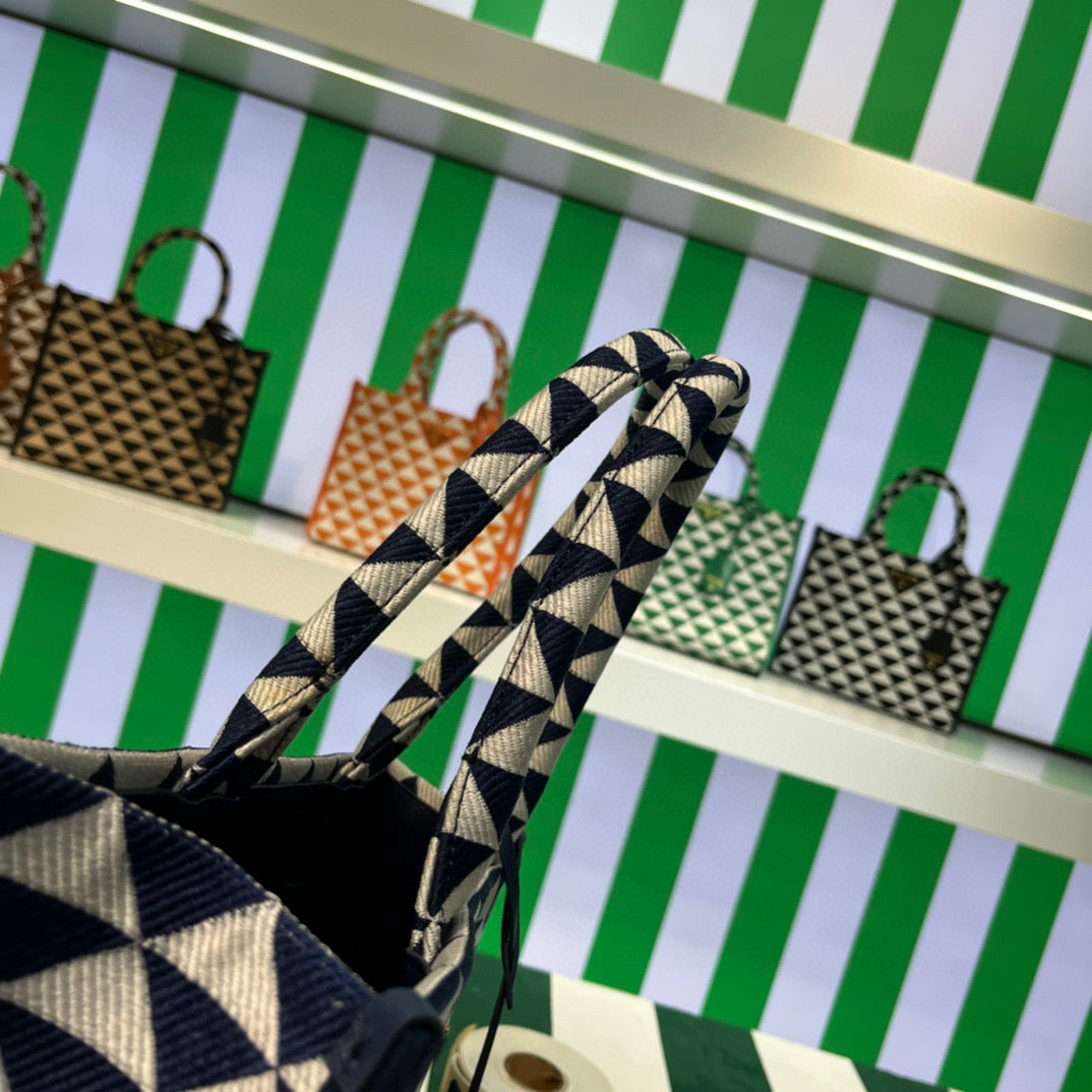 Prada 1BA356 Large Prada Symbole Jacquard Fabric Handbag Blue White - Default Title - View 5