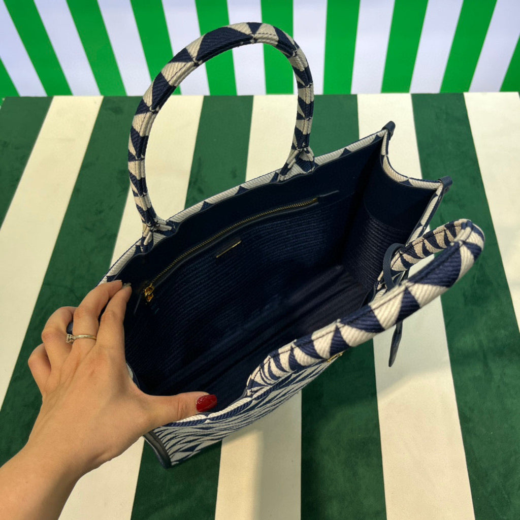 Prada 1BA356 Large Prada Symbole Jacquard Fabric Handbag Blue White
