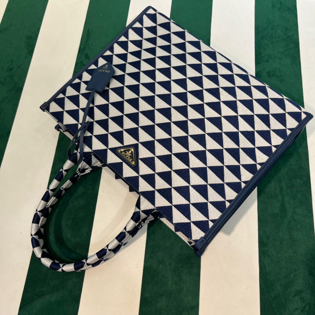 Prada 1BA356 Large Prada Symbole Jacquard Fabric Handbag Blue White